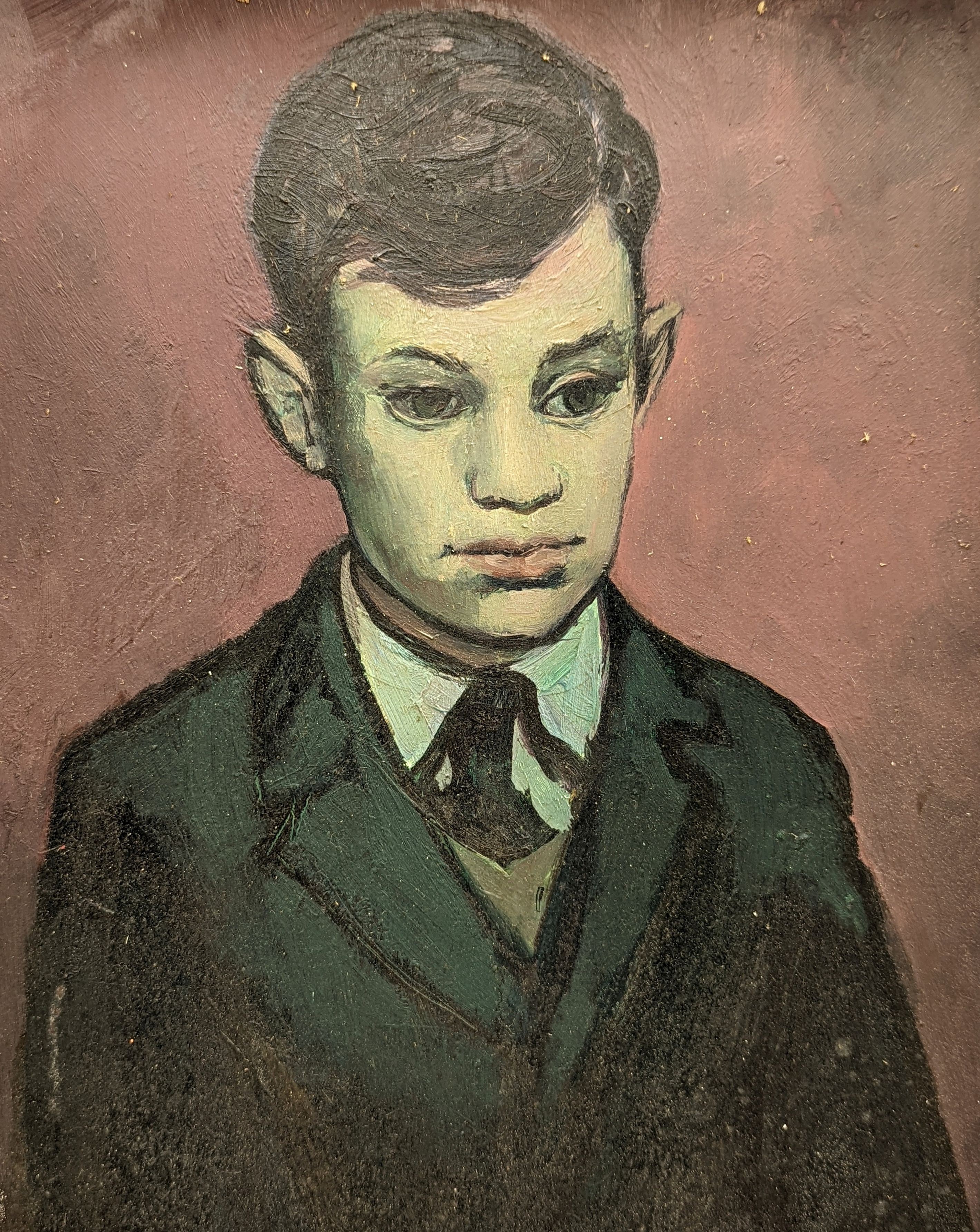 Modern British, oil on board, Portrait of a school boy, 32 x 25cm